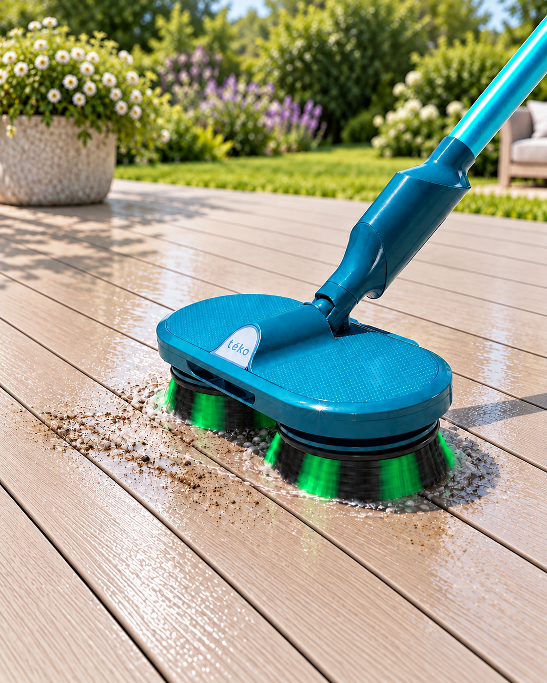 A teal and green automatic deck cleaner brush attachment shown in use on a wet wooden deck outdoors, with garden plants blurred in the background.