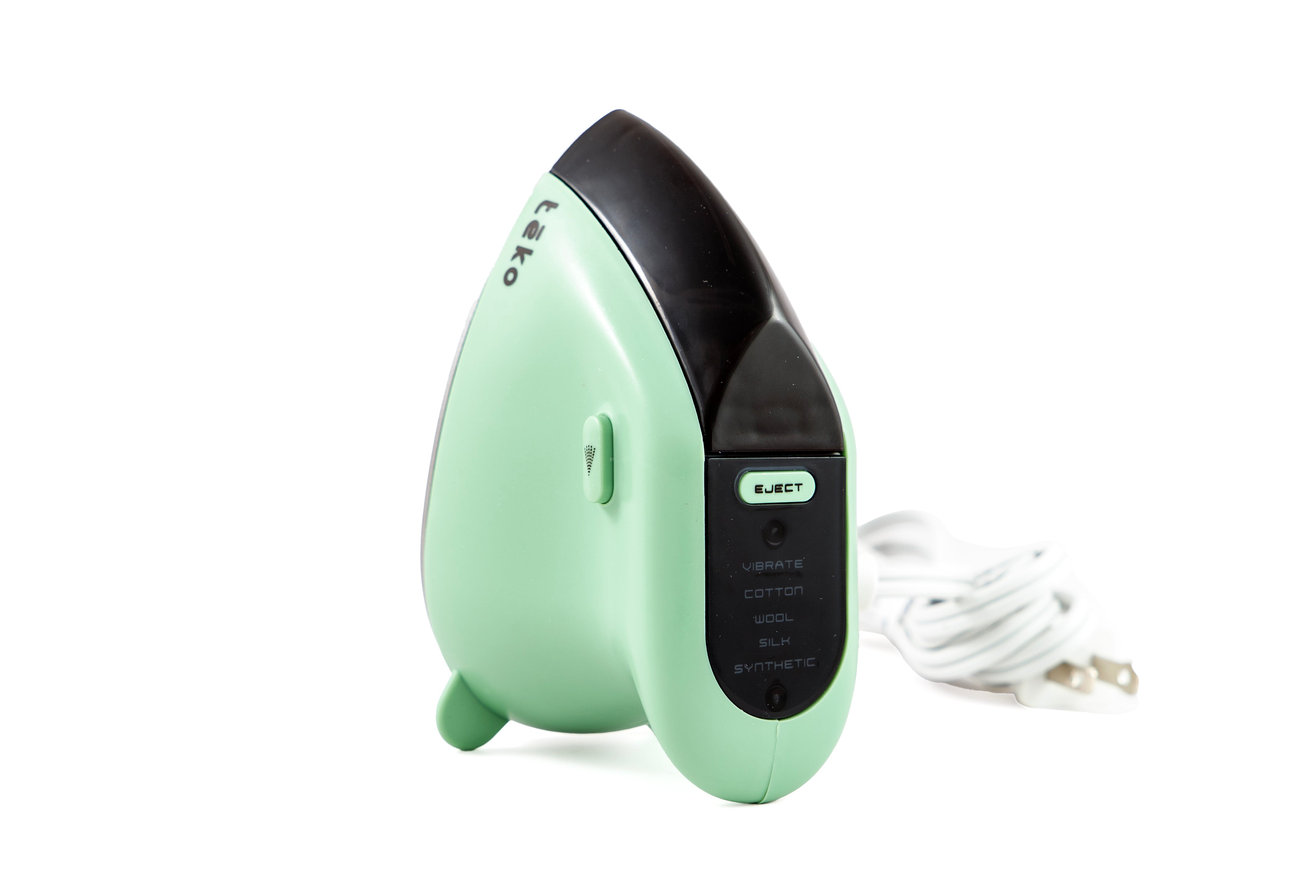 A TEKO personal massager shown on a white background with its power cord. The device has a mint green body with a black top panel and a small green KETO logo.