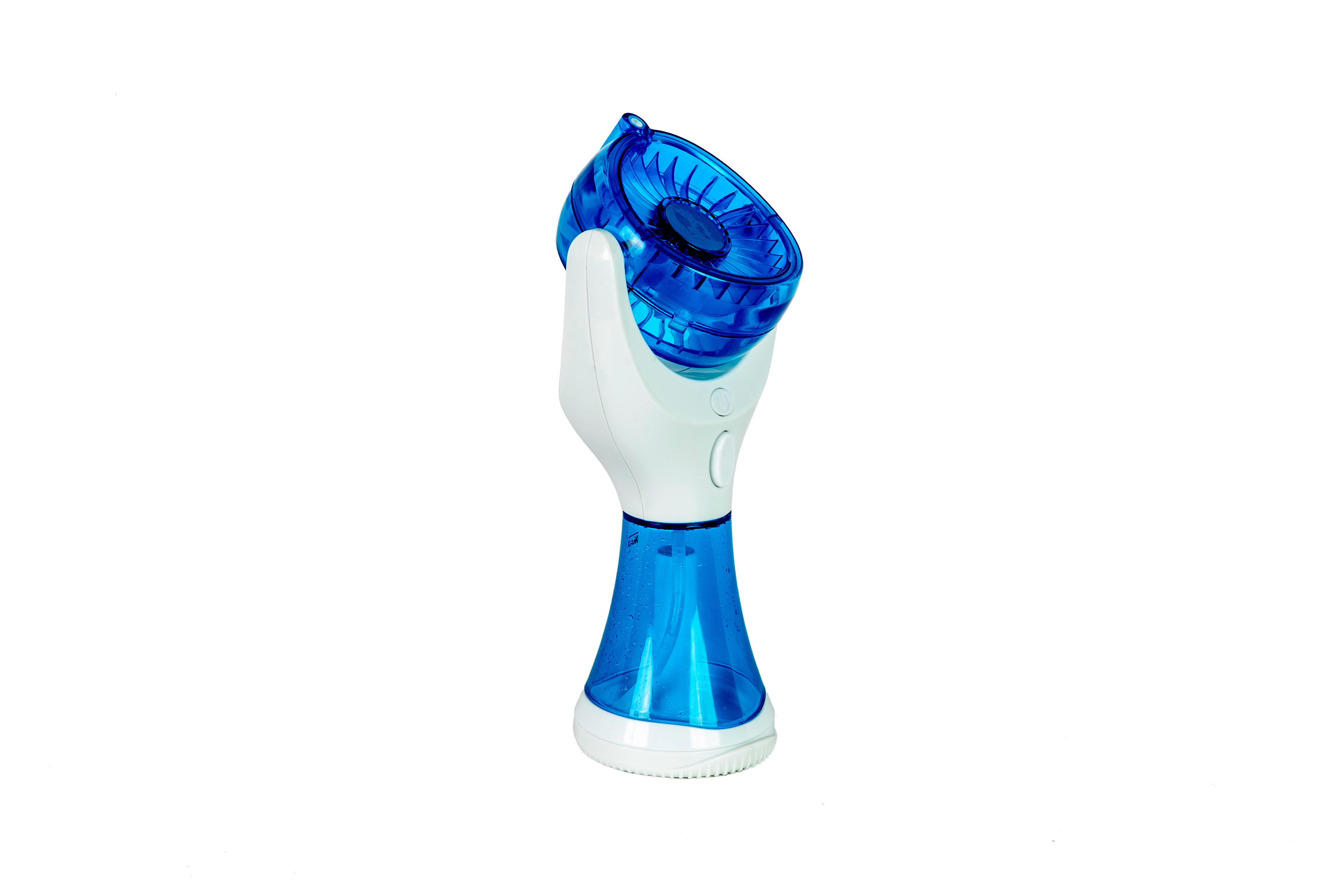 A handheld electric facial cleansing brush with a translucent blue and white design, shown against a plain white background.