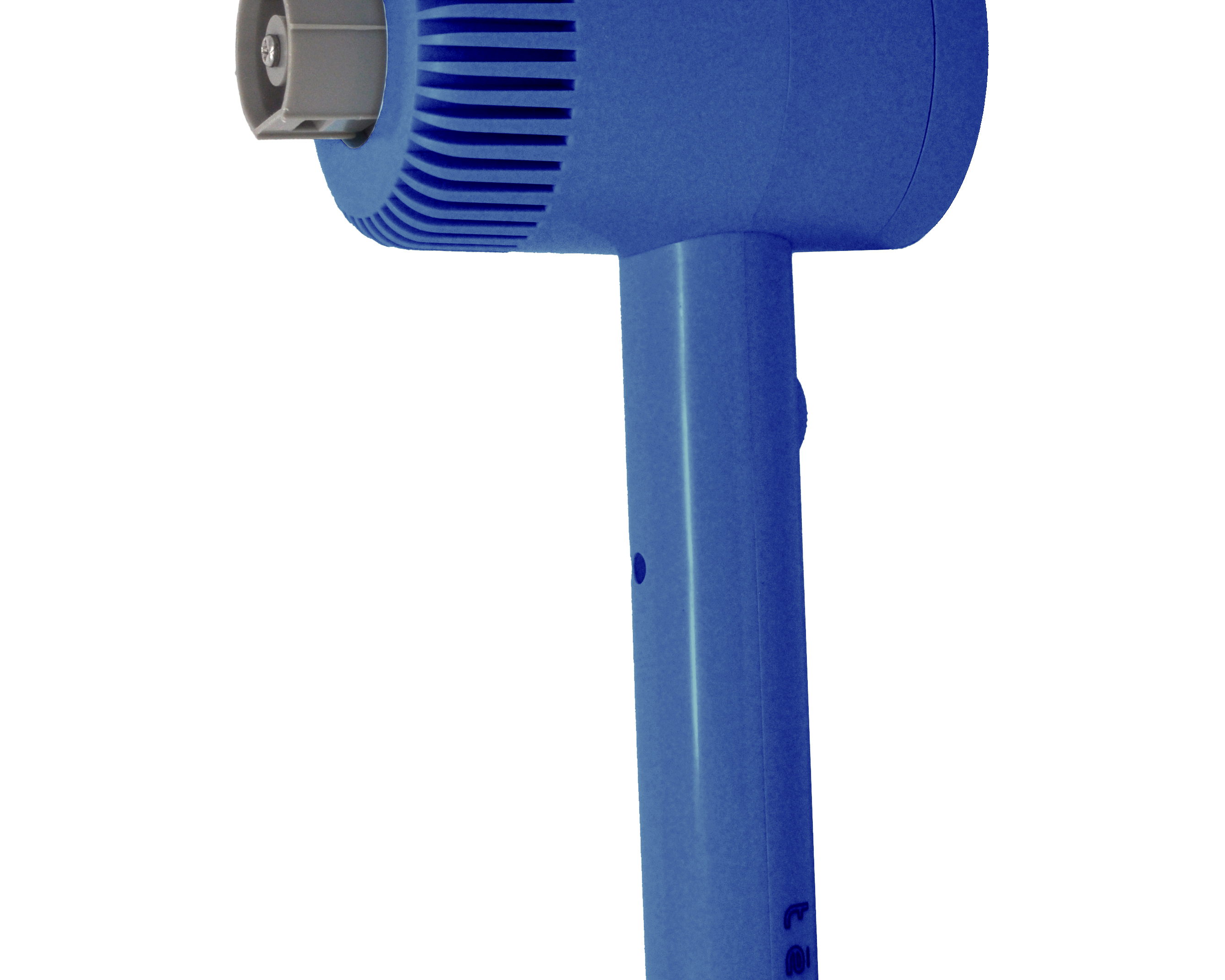 A blue handheld rotary tool with a ribbed head and a gray chuck attachment, shown against a plain white background.