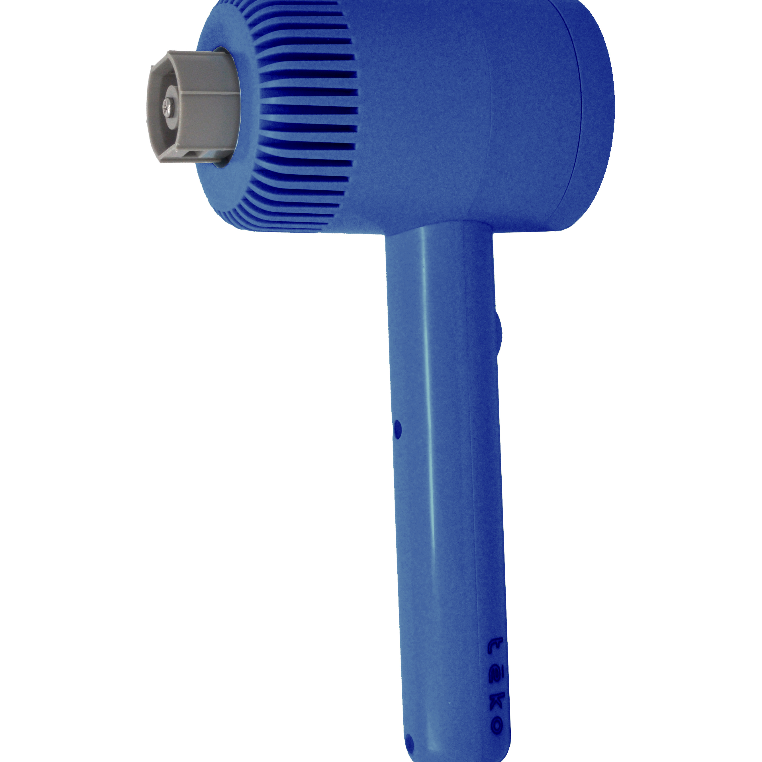 A blue handheld rotary tool with a ribbed head and a gray chuck attachment, shown against a plain white background.