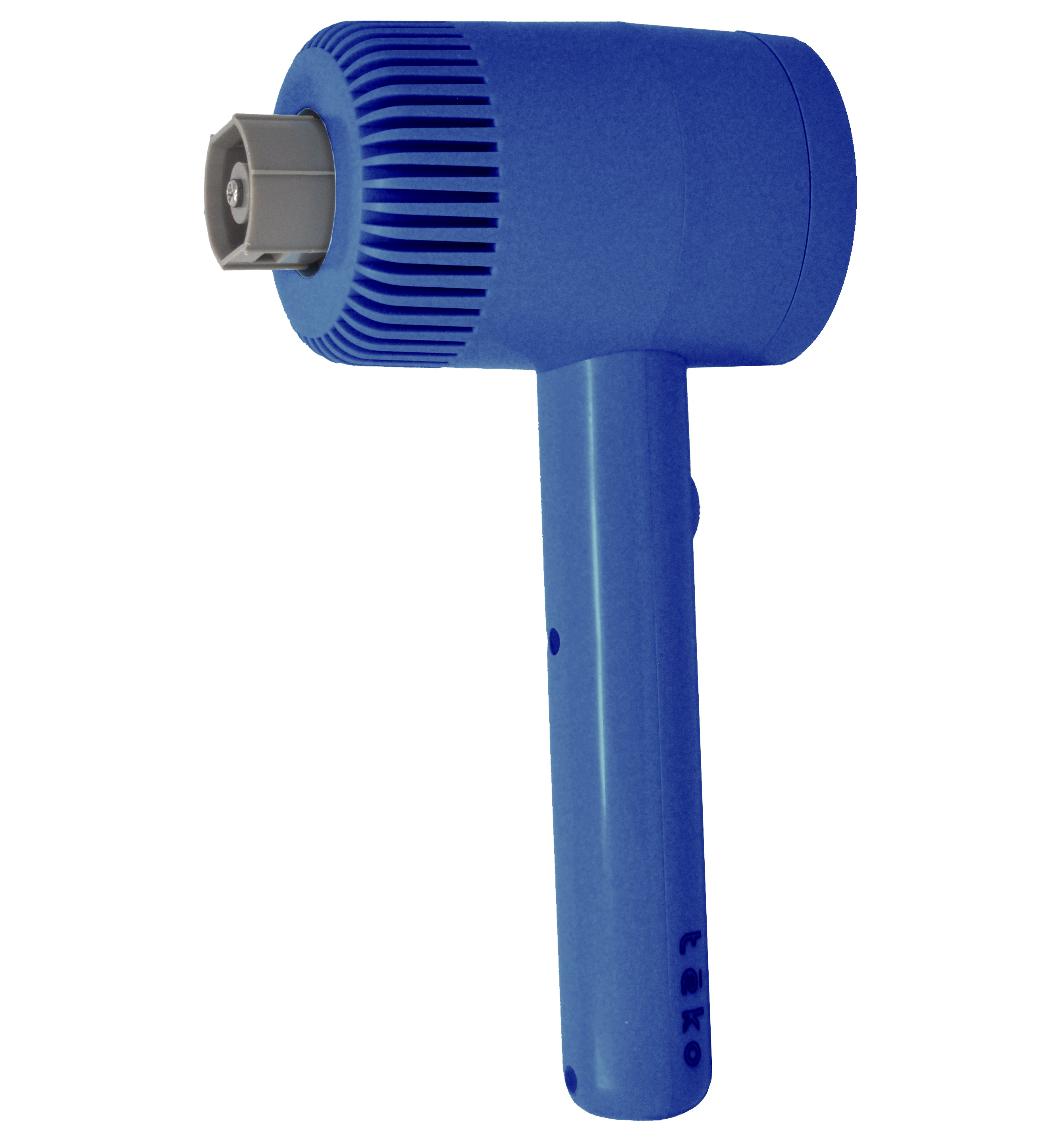 A blue handheld rotary tool with a ribbed head and a gray chuck attachment, shown against a plain white background.