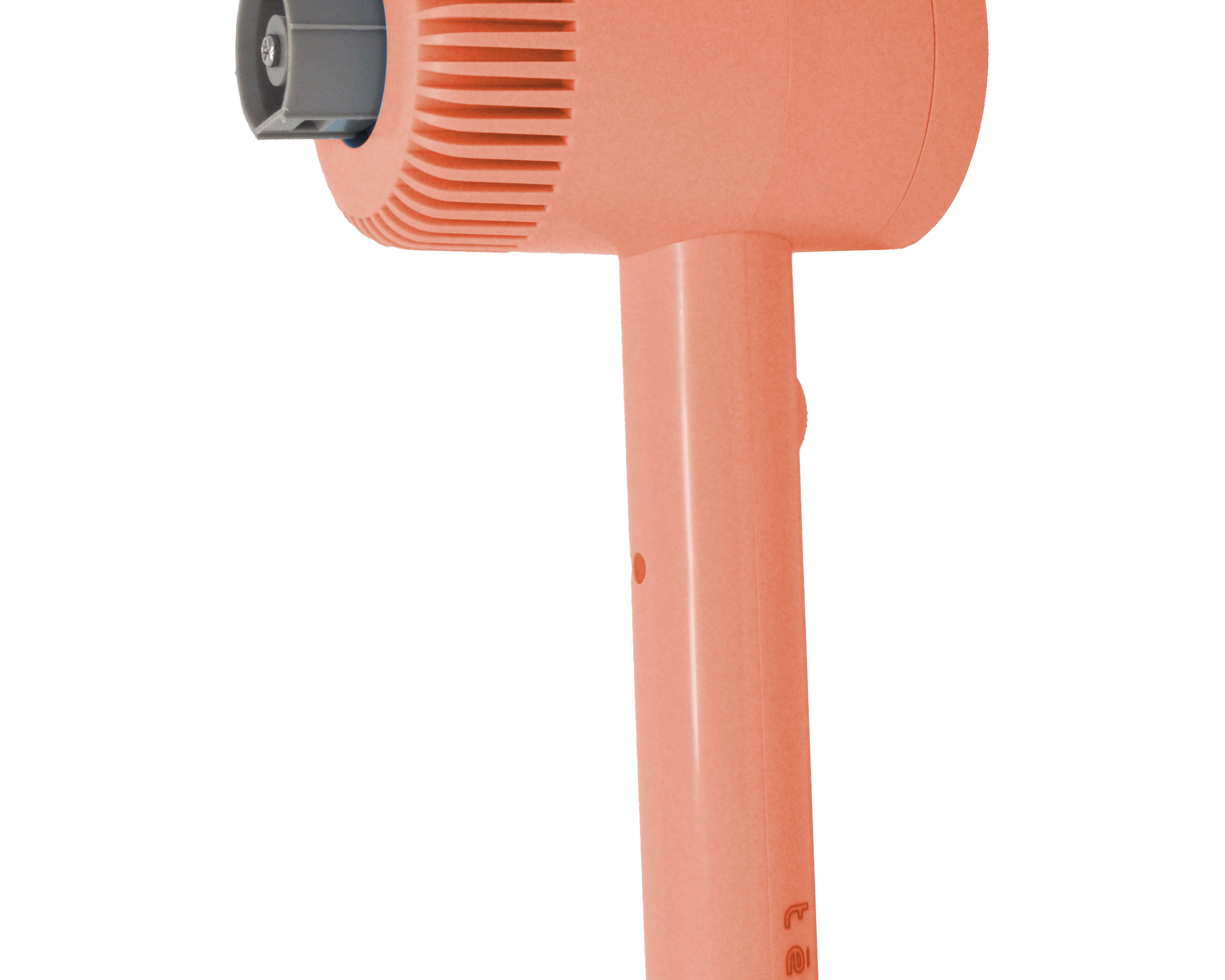 A cordless handheld scrubber in a coral orange color with a ribbed head and a dark gray nozzle for attachments, shown on a solid white background.