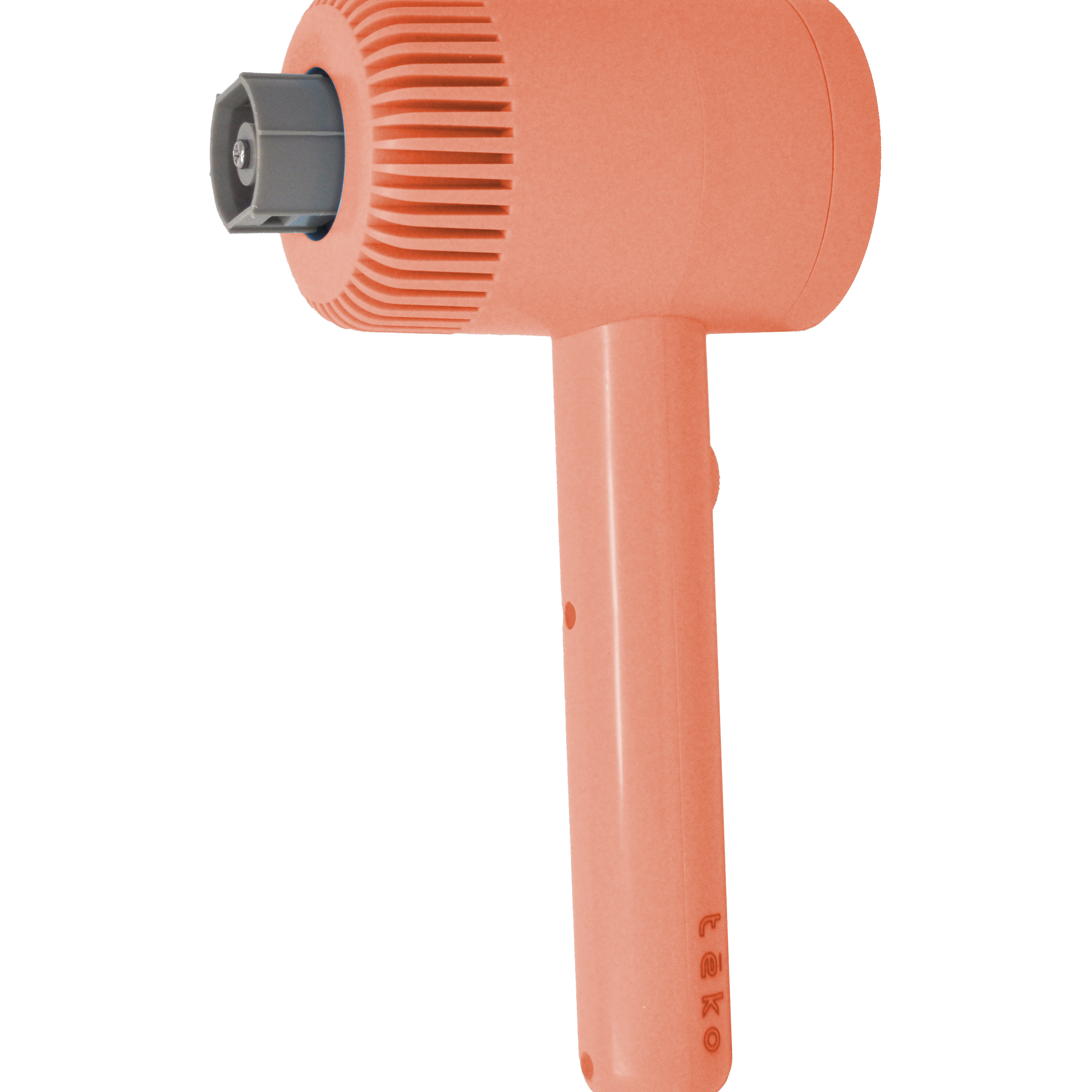 A cordless handheld scrubber in a coral orange color with a ribbed head and a dark gray nozzle for attachments, shown on a solid white background.