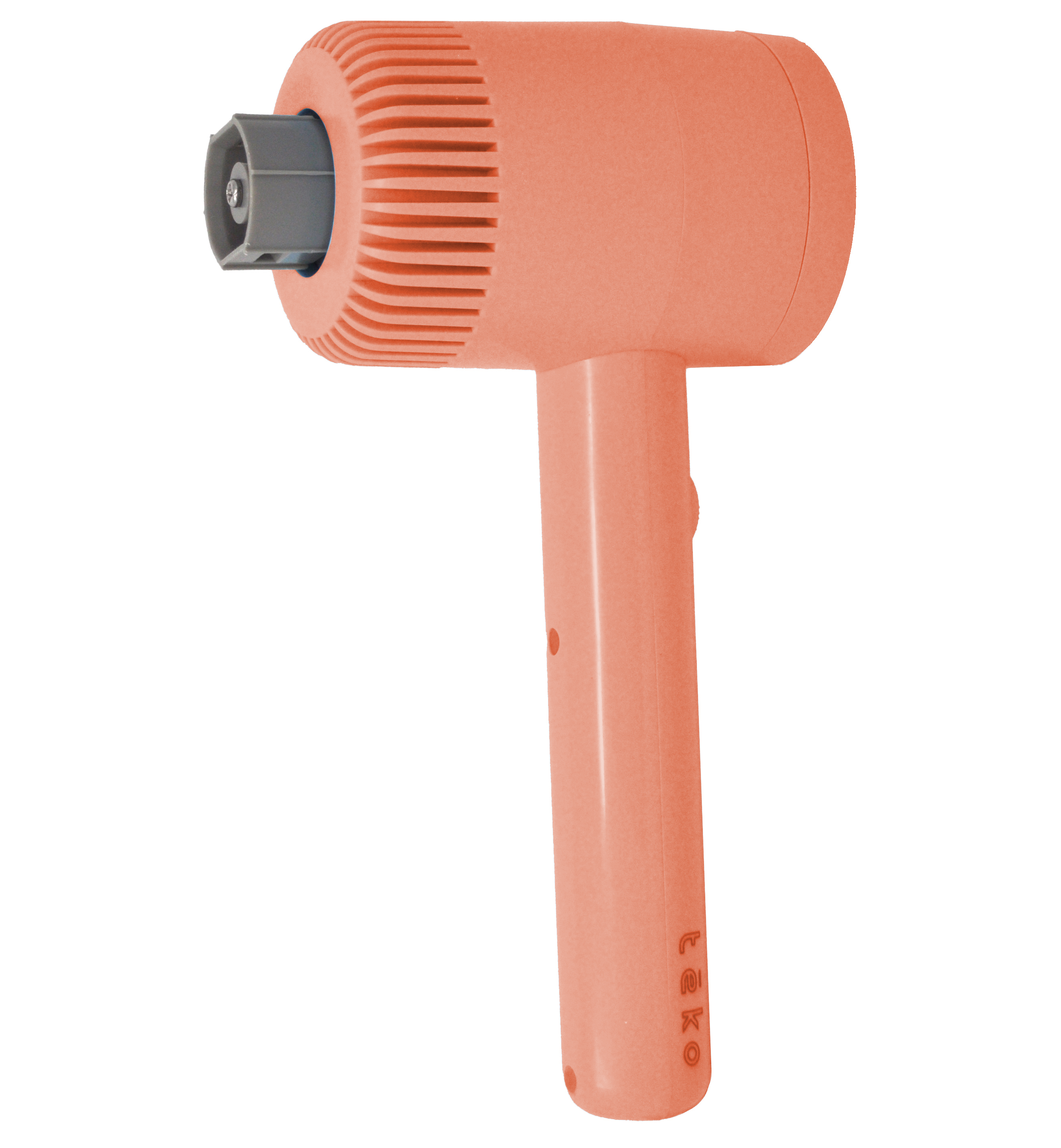 A cordless handheld scrubber in a coral orange color with a ribbed head and a dark gray nozzle for attachments, shown on a solid white background.