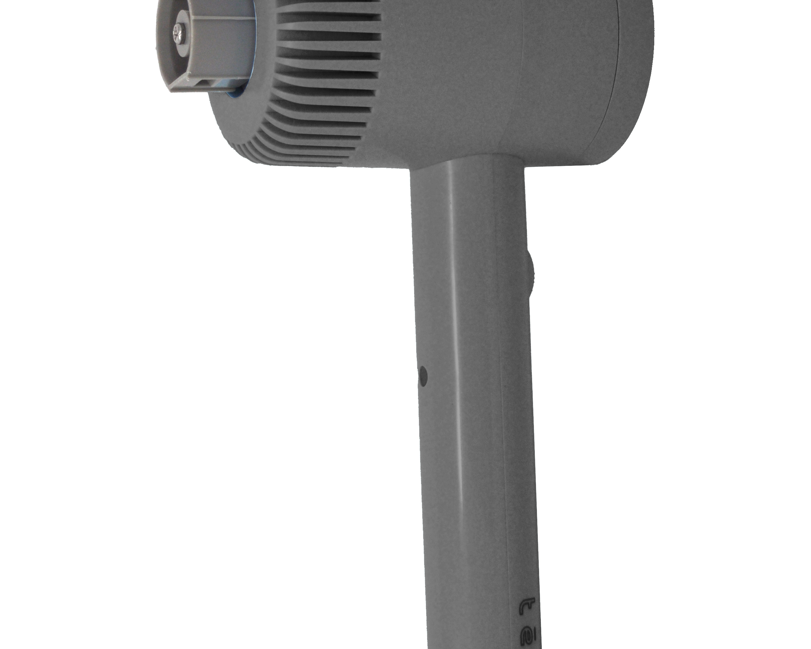 A gray handheld device with a ribbed cylindrical head and a straight handle, shown against a plain white background.