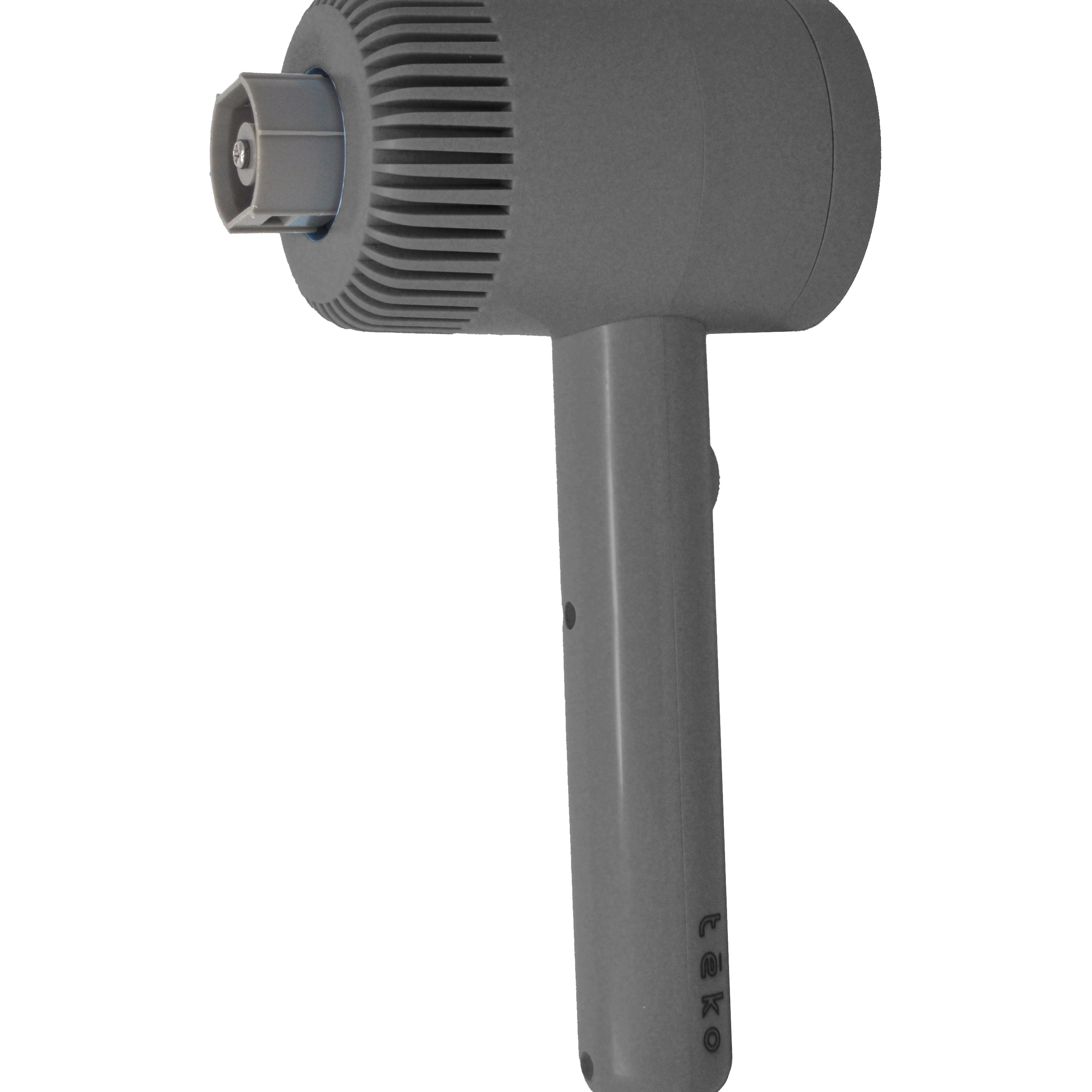 A gray handheld device with a ribbed cylindrical head and a straight handle, shown against a plain white background.