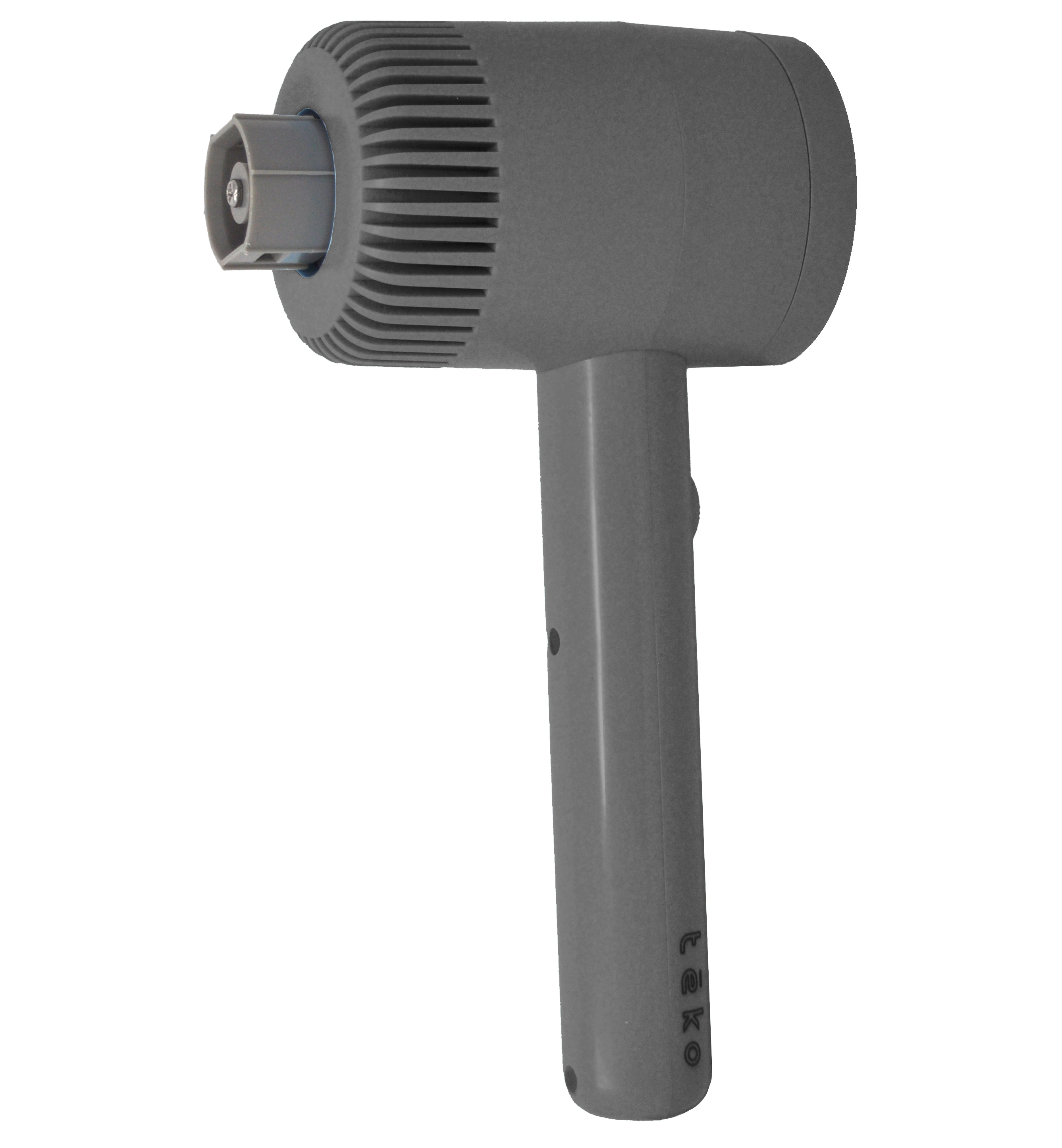 A gray handheld device with a ribbed cylindrical head and a straight handle, shown against a plain white background.