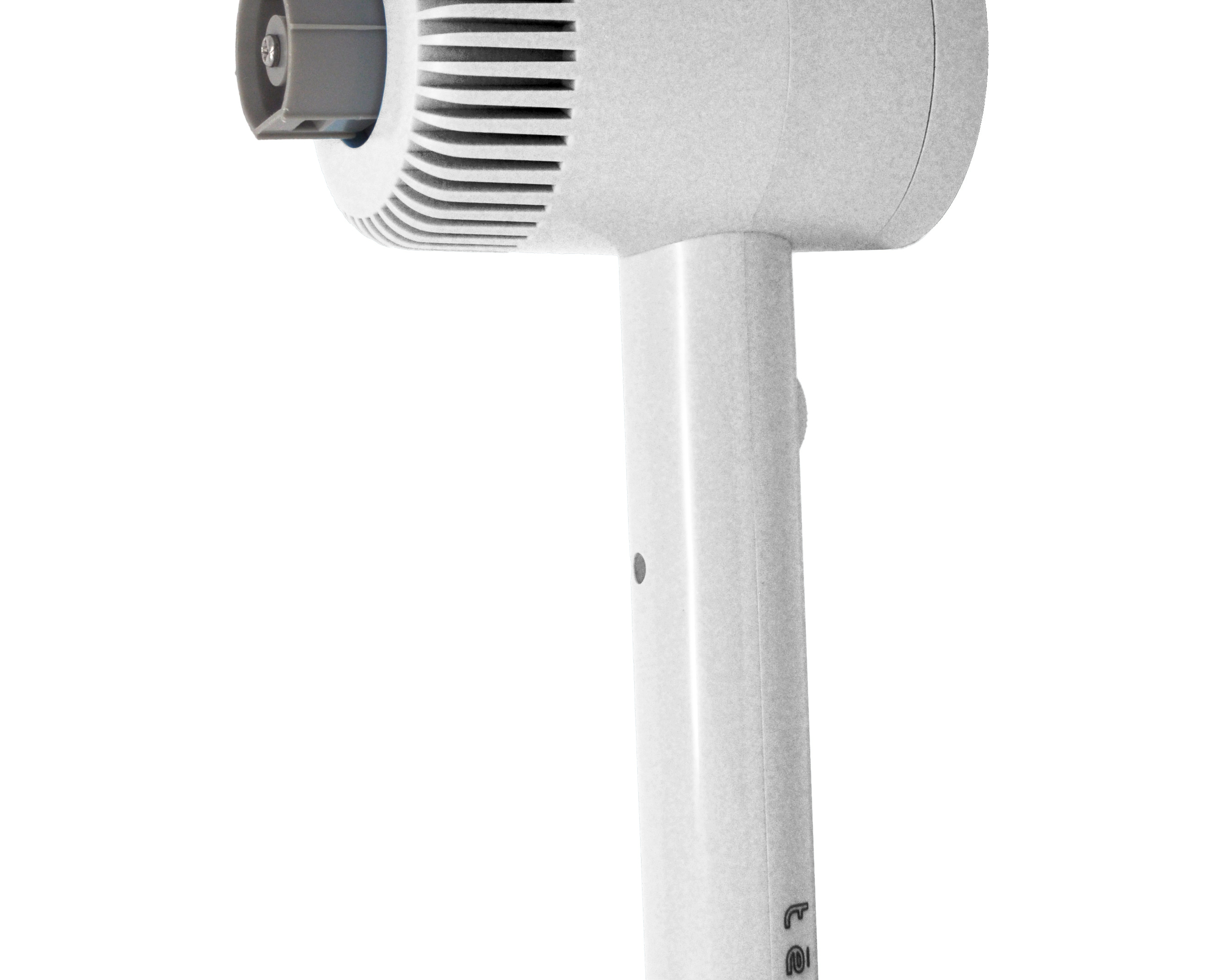A modern hand scrubber in white color with a ribbed vented head and a dark gray nozzle attachment, shown against a plain white background.