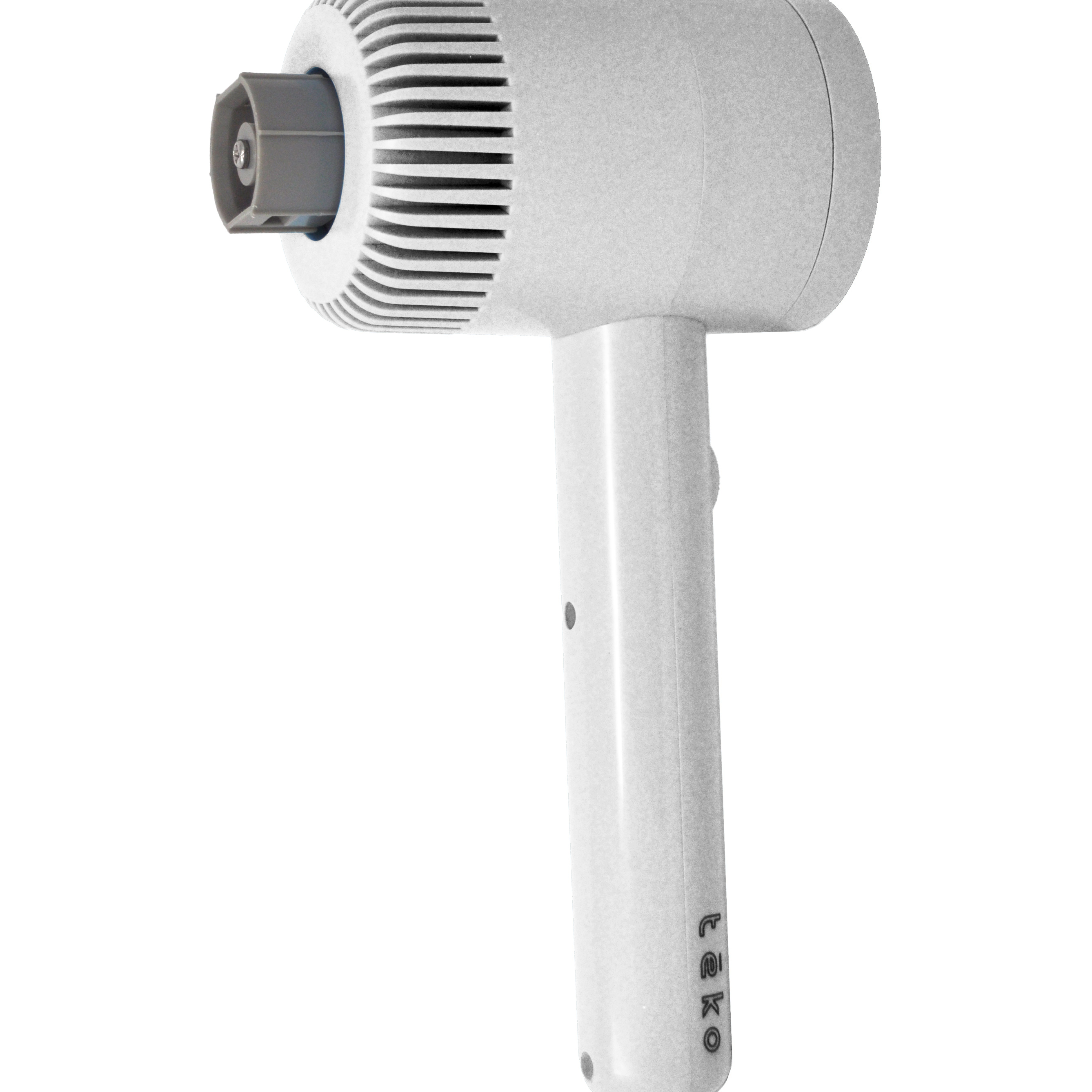 A modern hand scrubber in white color with a ribbed vented head and a dark gray nozzle attachment, shown against a plain white background.