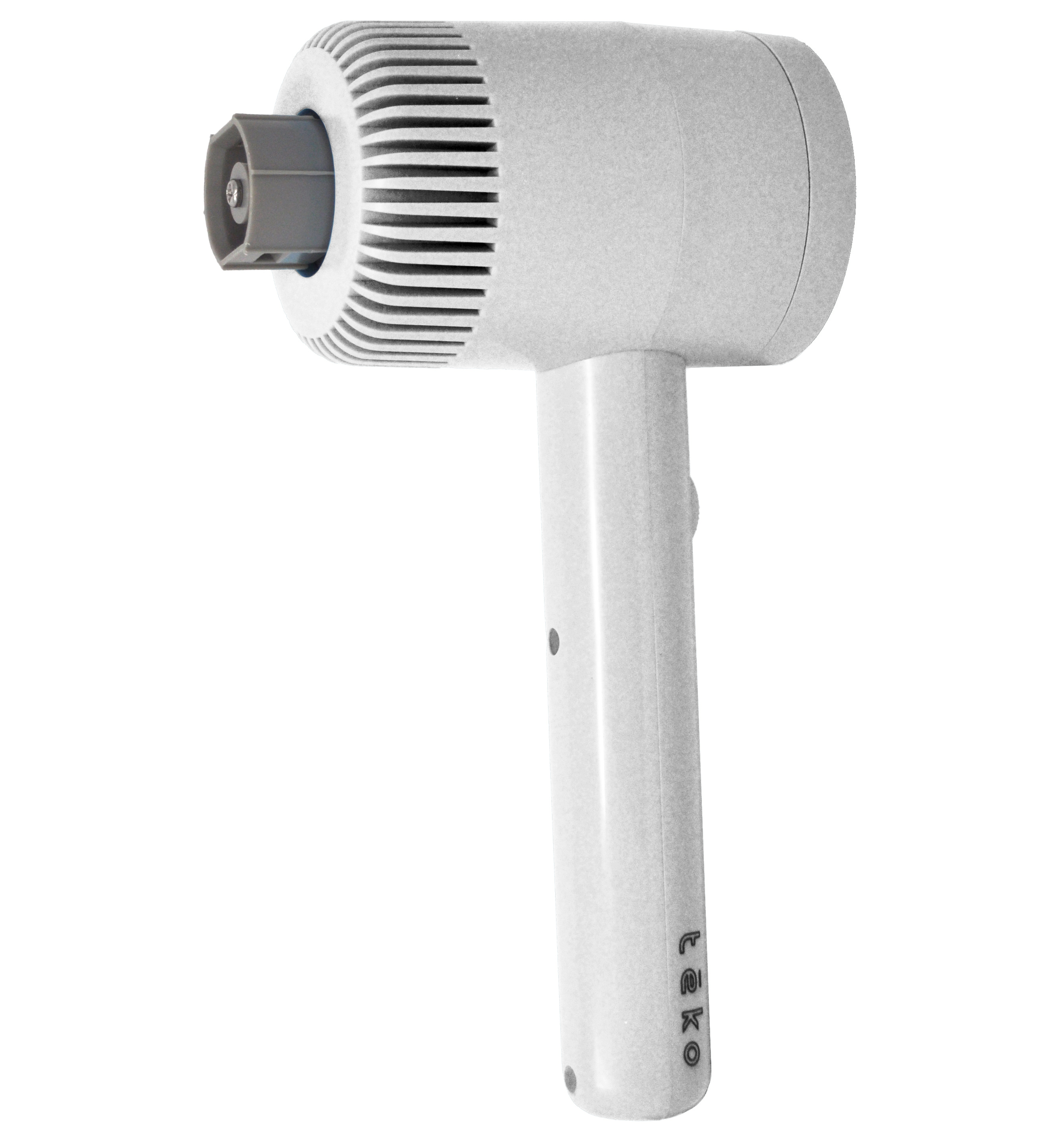 A modern hand scrubber in white color with a ribbed vented head and a dark gray nozzle attachment, shown against a plain white background.